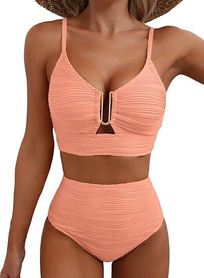 Bikini för kvinnor med V-ringning och utskärningar, högmidjad texturerad plisserad baddräkt M D