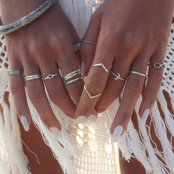 Set med 12 vintage silverringar för kvinnor och flickor Knuckle Rings Stapelbara ringar