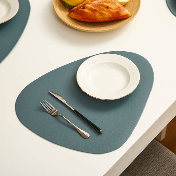 Set med 6 runda bordstabletter (runda blå) 13x11cm i läder och halkfria tvättbara värmebeständiga PVC-underlägg Underlägg för matsalsbord