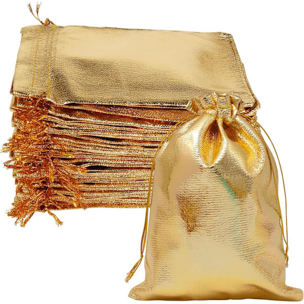 Guld presentpåsar, smyckespåsar med dragsko, 100 st presentpåsar[BT}