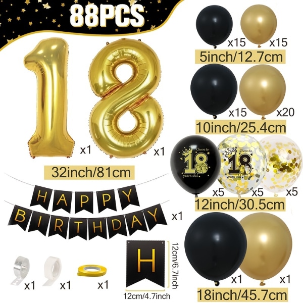 88 stk. sort og guld ballonbue sæt 18/30/40/50 år gammel fødselsdag bue ballon til voksne fødselsdagsfest dekorationssæt