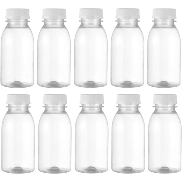10 st 250 ml mjölkflaskor med lock, transparenta plastburkar, juiceflaskor, behållare för fester, hem, utomhus och resor