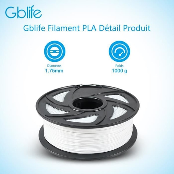 PLA 3D-skrivarfilament 1,75 mm 1 kg vit - GBlife - Utmärkt utskriftskvalitet och blank yta