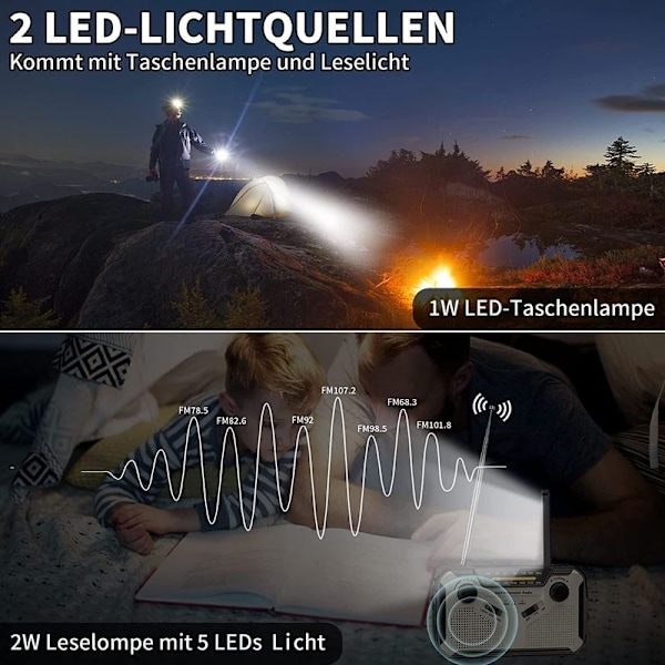 Solcellsradio, AM/FM bärbar vevradio nödradio med 2500mAh WELLNGS