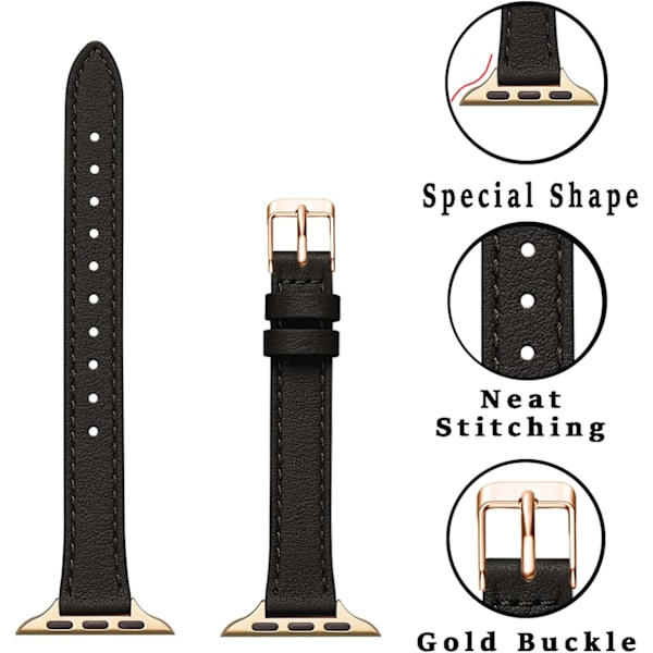 Slanke skinnreimer som er kompatible med Apple Watch Band 38 mm svart med gull Black with Gold 38mm/40mm/41mm