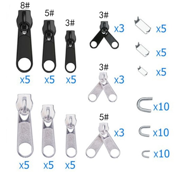 Set, 85 delar reparationskit för dragkedjor, 3 mm, 5 mm, 8 mm metalldragkedjor - Perfet[qb]