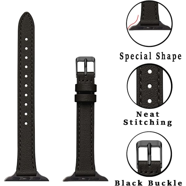 Smalt läderarmband kompatibelt med Apple Watch Band 38 mm Svart med Svart Black with Black 42mm/44mm/45mm/49mm