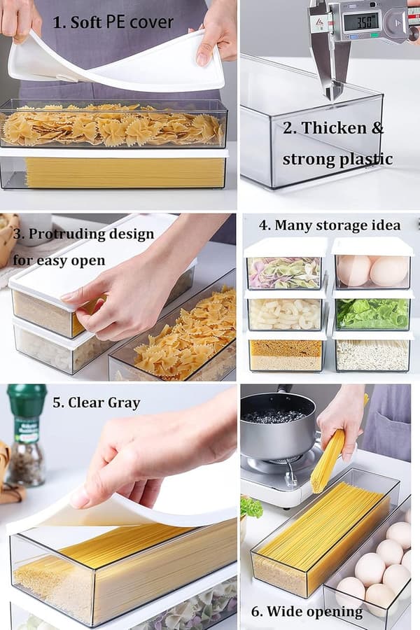 Pastaförvaringsbehållare - 3-delad matlåda i plast med låsbart lock - Rektangulär torrvarubehållare för spagetti vit