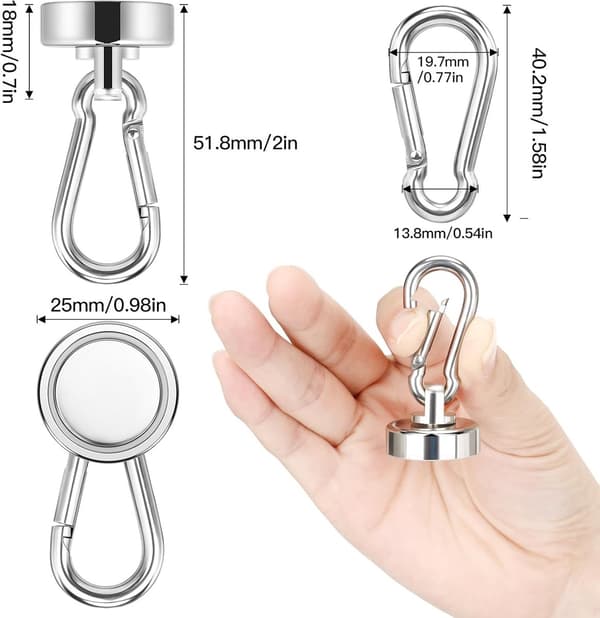 Starka magneter, 22 kg, magnetkrokar med karbinhake, 8-pack, för upphängning och förvaring