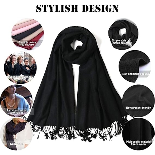 Vinterhalsduk i kashmirkänsla Pashmina sjal wrap mjuk varm - svart