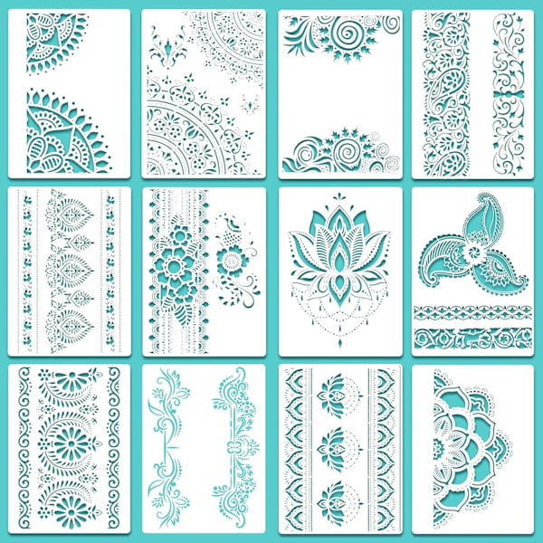 12 kappaletta suurta mandala-stencilliä, uudelleenkäytettäviä mandala-maalauksen malleja, 8,3 x 11,7 tuumaa, kukkakuvioinen stencil mandala-piirustus
