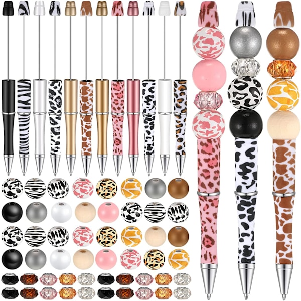 Set med 12 kulspetspennor (färgglad leopardmodell), plastpärlspenna, trädekorationspärlspenna, färgglada breda pärlor, julklapp