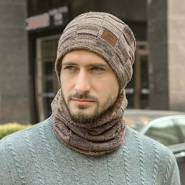 Vinterlue for menn Skjerfsett Varm fleecefôret strikket skihue Slouchy Skull Cap for unisex gave Brown