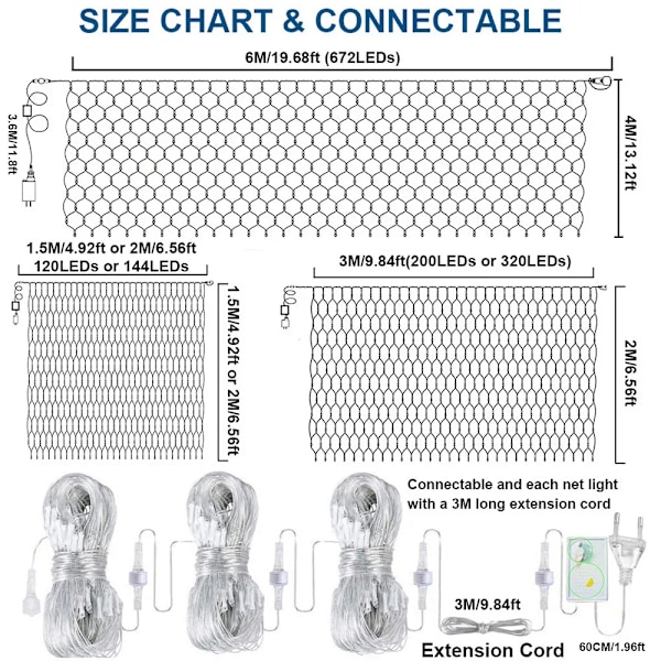 120-672 LED Net Mesh Fe-lys Lysstreng Ude Jul Julepynt 8 Tilstande Vandafvisende Bryllupsfest Lys EU/UK/ WHITE