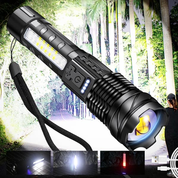 Superkirkas LED-taskulamppu 1500 lumenia, USB-ladattava, 7 tilaa, taktinen taskulamppu