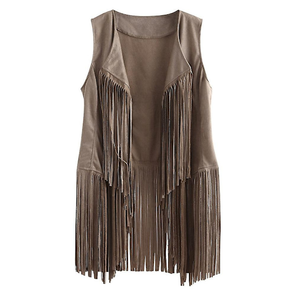 1970'ernes Kvinde Tassel Ærmeløs Vest 70'er Retro Hippie Kunstlæder Frynser Jakke Cardigan Beige Beige M