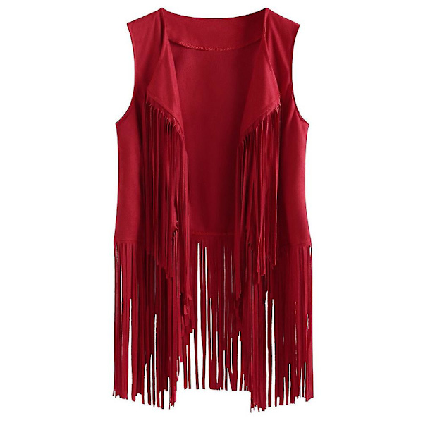 1970'ernes Kvinde Tassel Ærmeløs Vest 70'er Retro Hippie Kunstlæder Frynser Jakke Cardigan Rød Ed 3XL