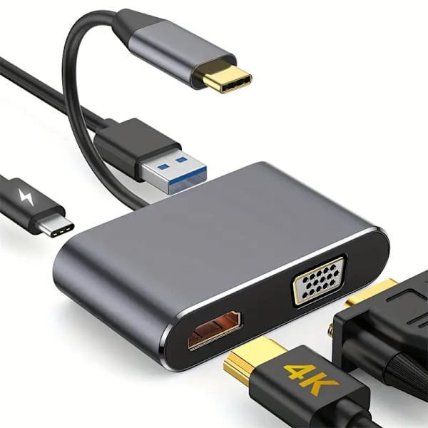 USB C Hub til HDMI VGA Multiport Adapter, 4-i-1 USB C til Vga Multiport