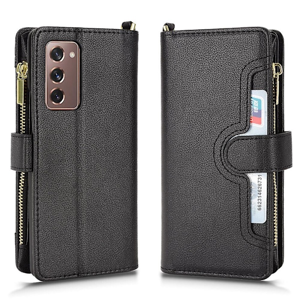 Etui til Samsung Galaxy Z Fold 2 med lynlås, magnetisk pung, kortslot, PU-læder, flip-etui Sort Black A