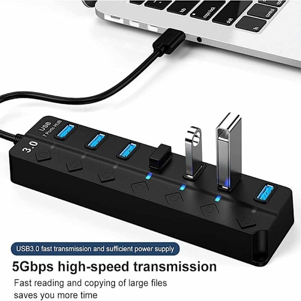 USB-hub, 7-porters USB 3.0-hub, USB-data multi-port hub-splitter med individuelle på/av-brytere, USB-forlengelse for MacBook