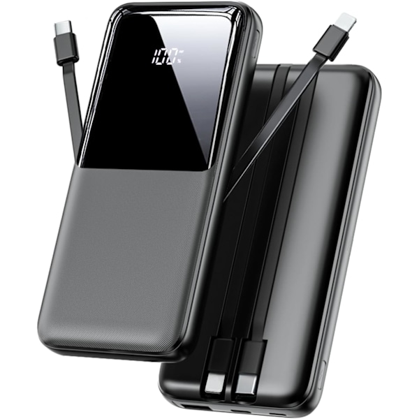 Pikalataava varavirtalähde 10000mAh, 2 sisäänrakennettua kaapelia ja 3 porttia, LED-näyttö, musta