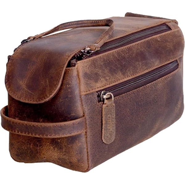 Premium Toalettväska i Buffelläder för Unisex (Vintage Tan) Distressed Tan
