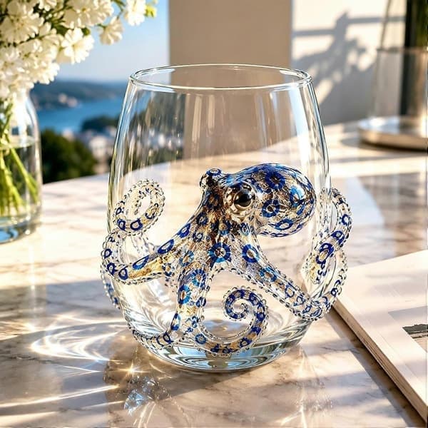 Artisan Blåringet Blæksprutte Glas, 350ml 3D Præget Marint Dyr Stilkløst Vinglas, Håndlavet Marint Dyr Bar Glas Blæksprutte Octopus