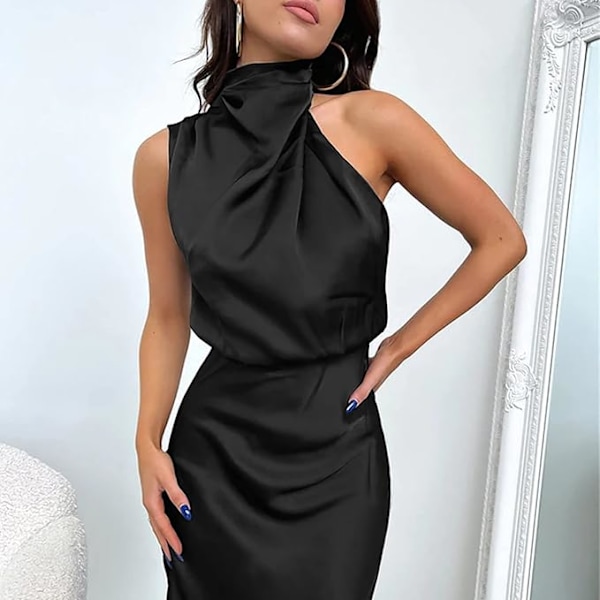 Sexy Kort Satin Kjole til Kvinder, Sommerlig Formel Lang Kjole, Mock Neck, Ærmeløs, Slids i Siden, Flydende Ærmeløs Maxi Skørter, Elegante Kvinders Skørter black XL