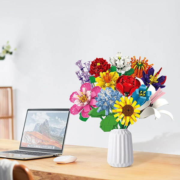 Blomsterbuket Byggesæt - 1001 Stykker, 12 Blomstertyper, Botanisk Samling, Byggeklodser Blomster, Kreative Legetøj