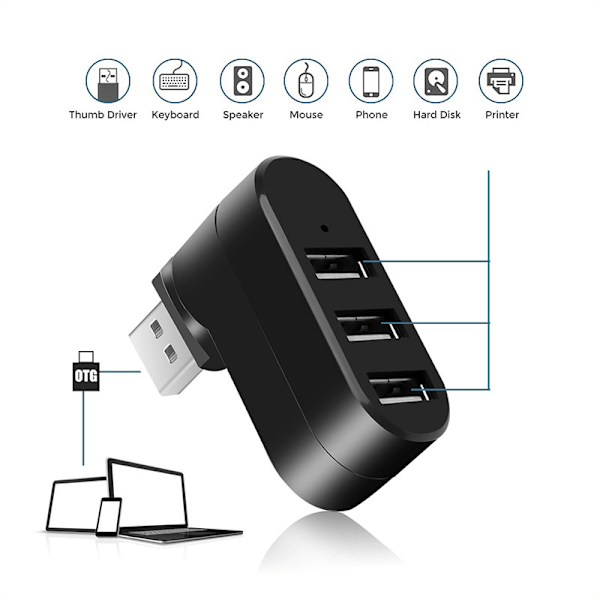 USB-hub, 90°/180° roterbar USB-adapter, 4-ports USB-datahub, DXGHC