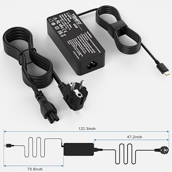 65W USB C Strømadapter for Bærbar PC for Lenovo ThinkPad Huawei