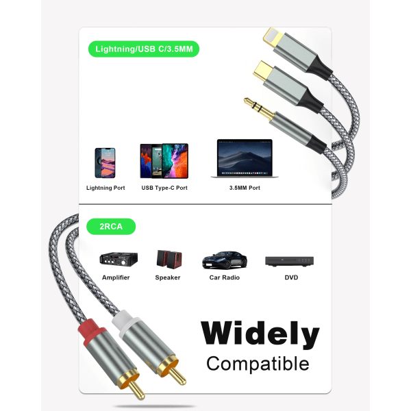 Lightning-RCA-kaapeli, ääniliitäntäsovitin, RCA-3,5 mm:n kaapeli, USB-C-2 RCA-äänikaapeli, 3-in-1-äänikaapeli autoon, kotiteatteriin, kaiuttimiin ja muuhun