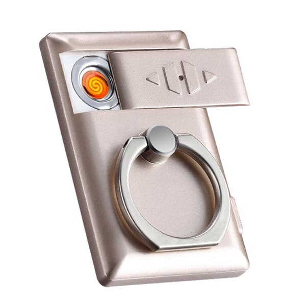 USB Lighter Genopladelig Elektrisk Flammeløs Lighter Telefon Ring Spænde Holder 2 i 1 (Guld)