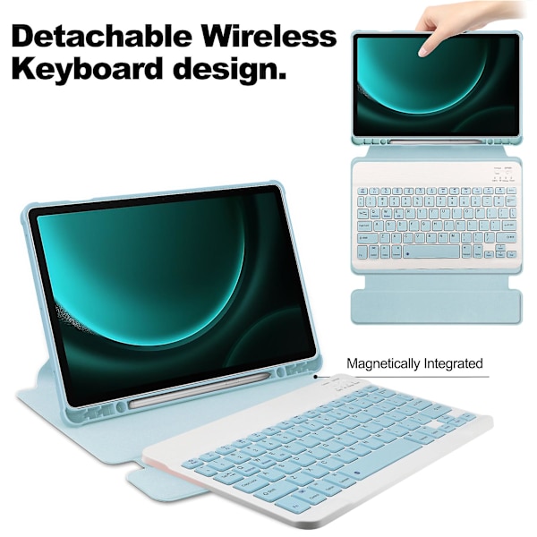 Etui til Samsung Galaxy Tab S9 FE Plus med Bluetooth-tastatur og roterende stand Sky Blue