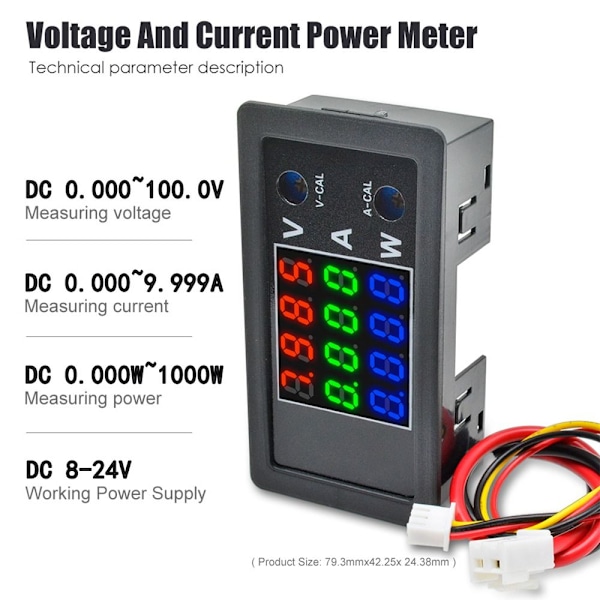 Digital Voltmeter Spennings- og Strømmeter Energi Måler Effekt Red Red Blue