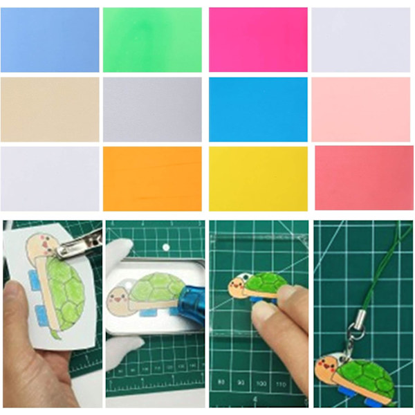 Kutistuva muovi kutistuva kalvo Bops 12 väriä 12 kpl Lämpökutistuvan kalvon arkit Värikkäät DIY-avaimenperän tarvikkeet 14,5X20 cm