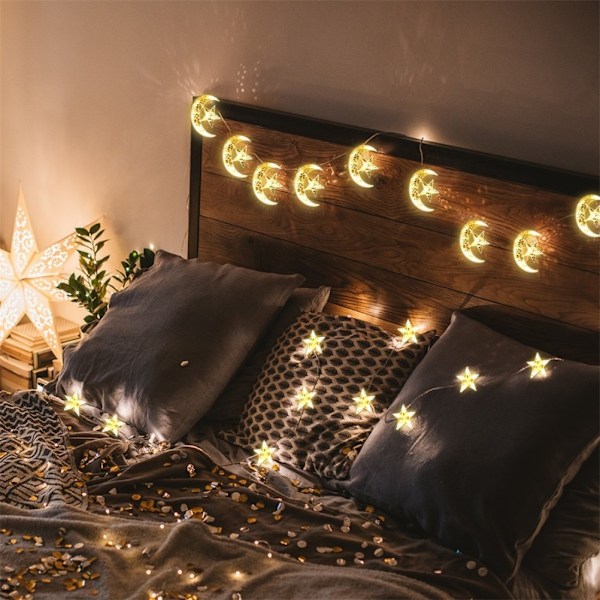 LED Fönstergardin Slinga Ljus Fairy Lights Måne Stjärna Slinga Ljus Batteridriven USB-driven för Inomhus Sovrum Utomhus Fest 0.7