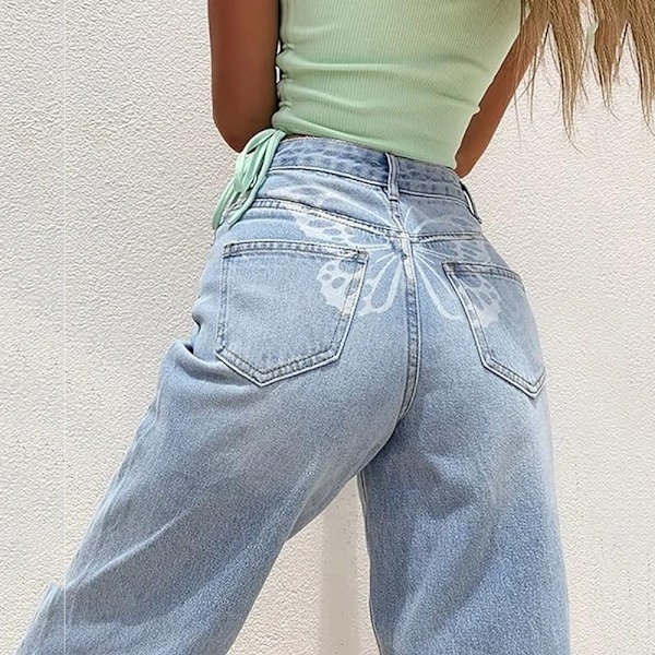 Hög midja Boyfriend Jeans för kvinnor 90-tal Y2K Fjärilstryck Bred Rak Ben Blå Byxor Jeans (XXL)