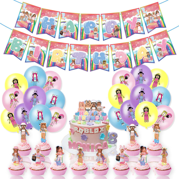 Rosa Roblox-tema ballong födelsedagsfest banderoll tårtdekoration