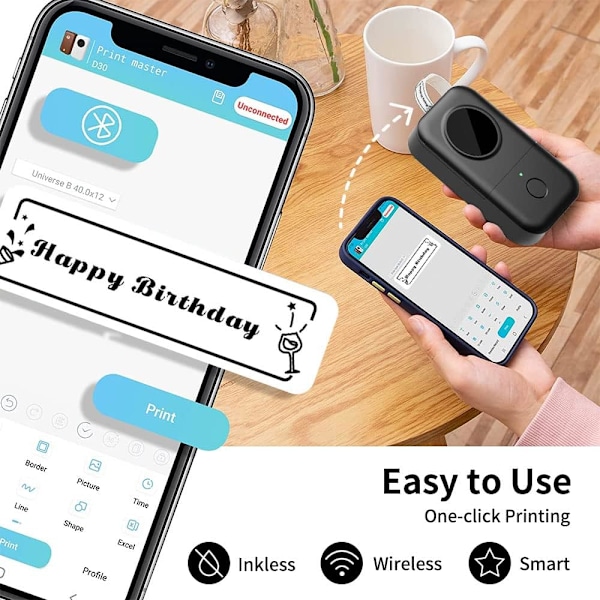 D30 Etikettprinter, Bluetooth Trådløs Mini Lomme Smartphone Oppladbar Etikettmaskin Kompatibel med iPhone/Android, for Hjemmekontor Etikettmaskin (svart) black