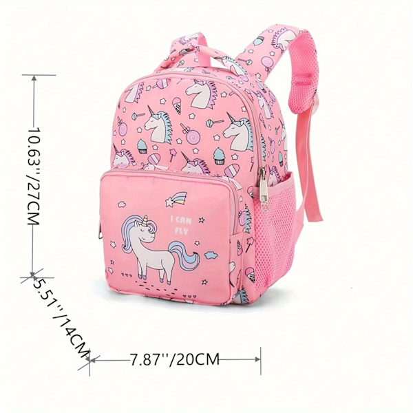 1 st flicka enhörning tecknad ryggsäck, söt tryck nylon ryggsäck, idealisk present Pink