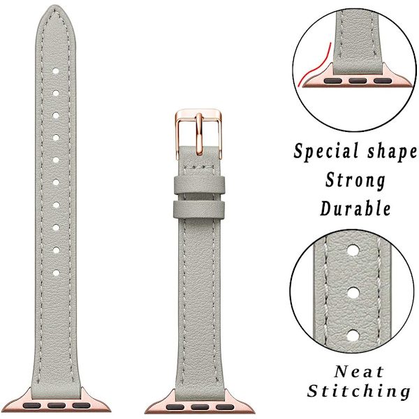 Slanke læderremme kompatible med Apple Watch Band 38 mm grå med rosaguld Gray with Rose Gold 42mm/44mm/45mm/49mm