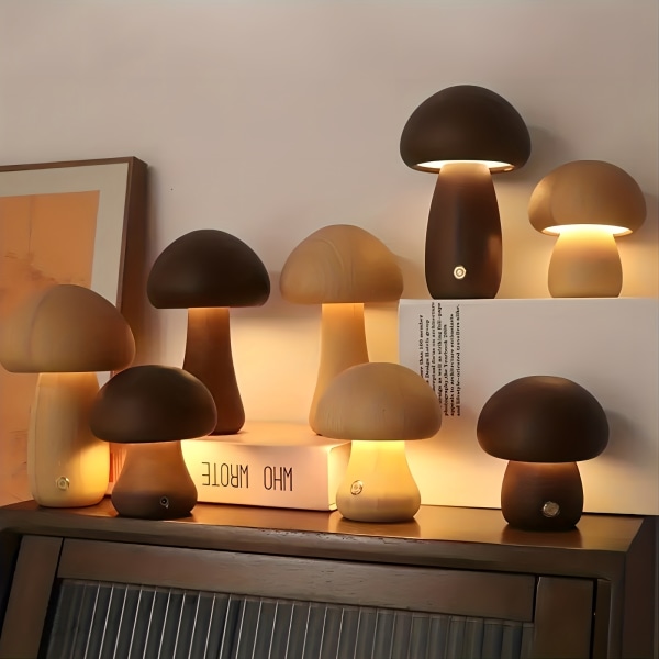 1 stk LED Kreativ Sopp Bordlampe, Trebordlampe, Soverom Senge Nattlys, Dempbar LED Type C - Walnut