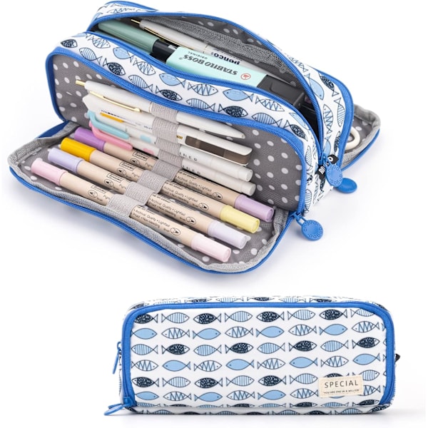 Large Case Large Capacity 3 Compartment Canvas Pencil Case for Teenage Boys Girls School Students (Blue Fish)