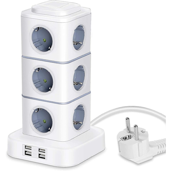 Vertikal Grenuttag, 12 Uttag med 4 USB-portar, med Överspänningsskydd för Hemmet, 3m Förlängningssladd (2500w/10a)