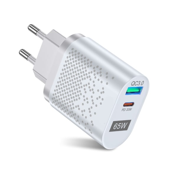 US/EU/UK/KR 65W GaN-oplader til QC 3.0 USB PD vægoplader Type C USB hurtigoplader til bærbar telefon Power Bank-adapter White - EU 0.07