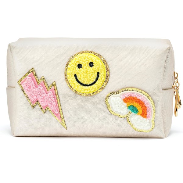 Preppy Patch Liten Toalettväska Smile Lightning Hjärta PU Läder Bärbar Vattentät Makeup Kosmetisk Väska Daglig Användning Förvaring