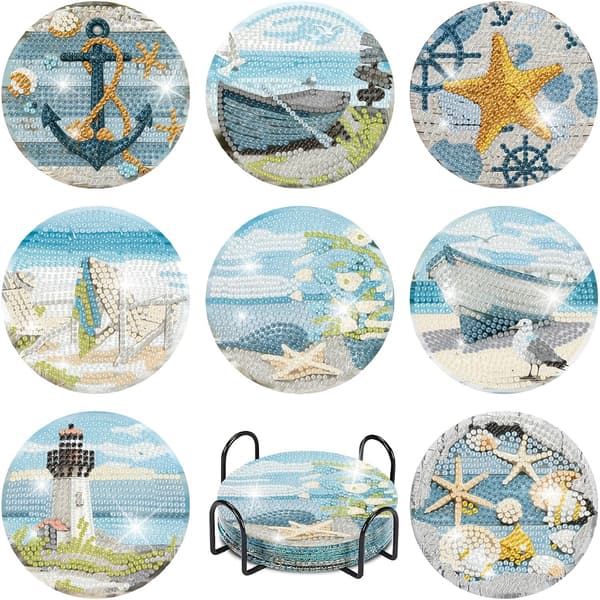 Jule diamantmaleri-underlagsett, DIY glitrende drikkematter med metallholder 870