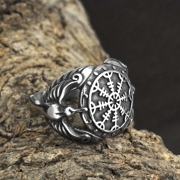 1 st Viking Odin Raven Titanium stålring, kompass för män Rune Fashion rostfritt stål ring Golden US Size 11