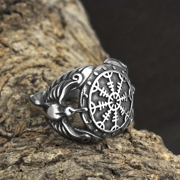 1 st Viking Odin Raven Titanium Steel Ring, Herrkompass Rune Mode Rostfritt Stål Ring US Size 13